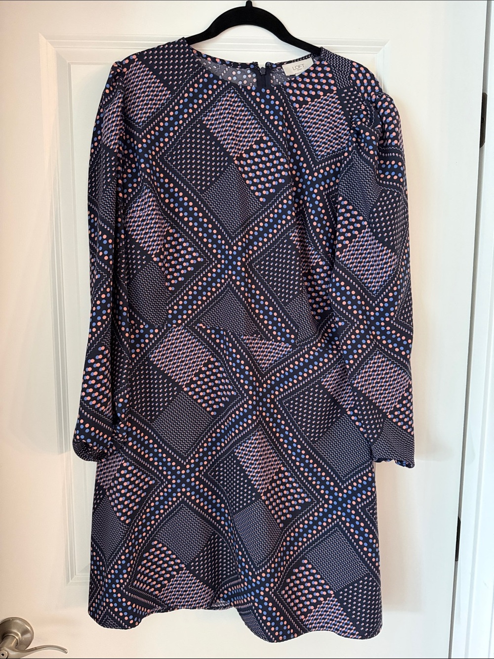 LOFT Navy and Orange Geometric Long Sleeve Dress